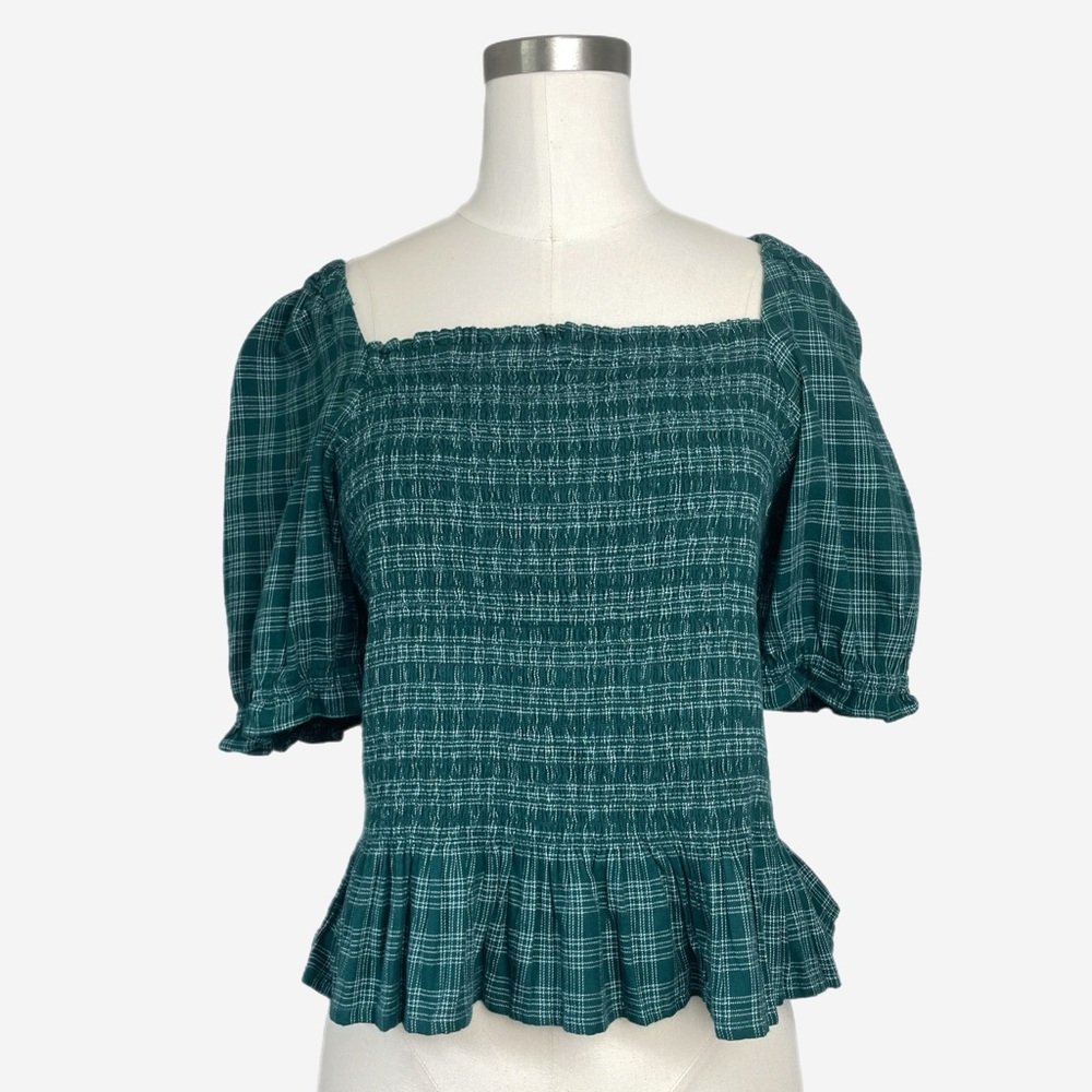 Jcrew Factory NWT Green plaid flannel smocked top fall preppy ruffle holiday M